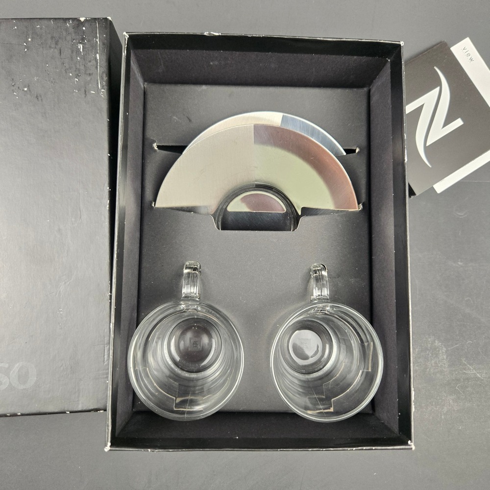 Nespresso View Collection Espresso Cups & Stainless Saucers Set of 2 Open Box
